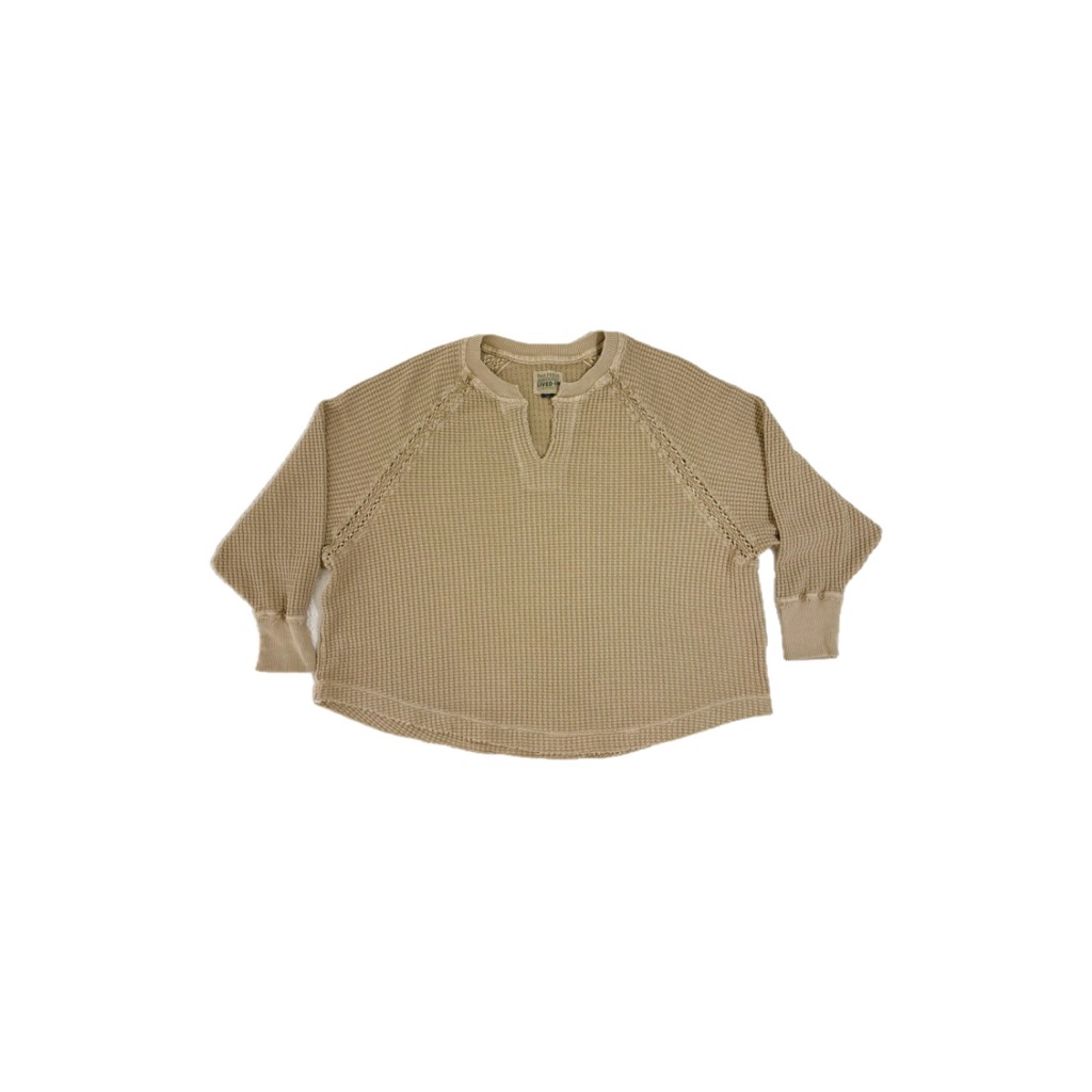 American Eagle Big Hug Notch Neck Waffle Sweatshirt In Khaki Tan Size Small